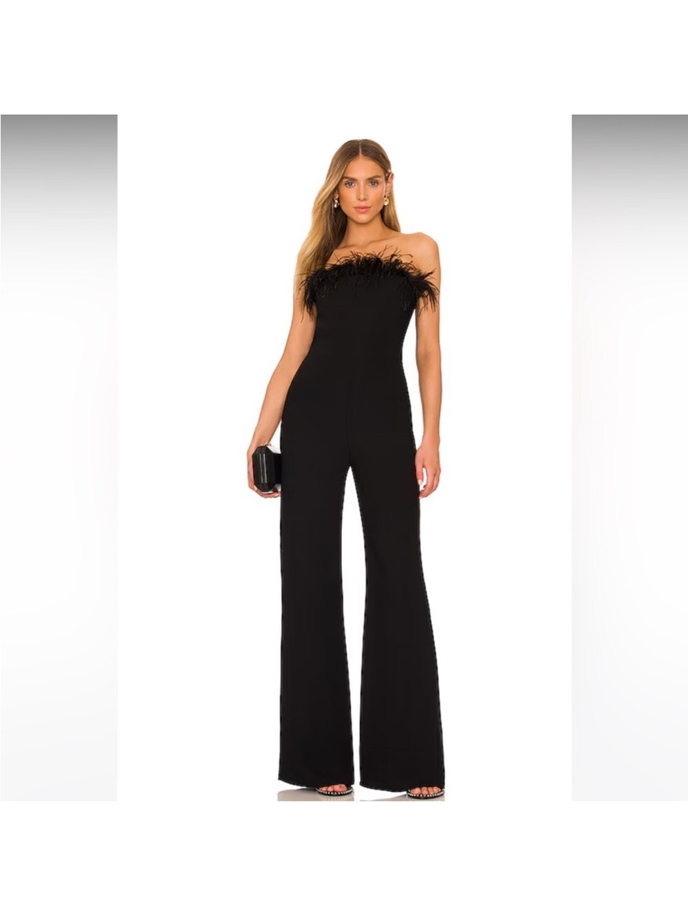 Amanda Uprichard x REVOLVE | Amiah Jumpsuit. Black with feather‎ trim, strapless